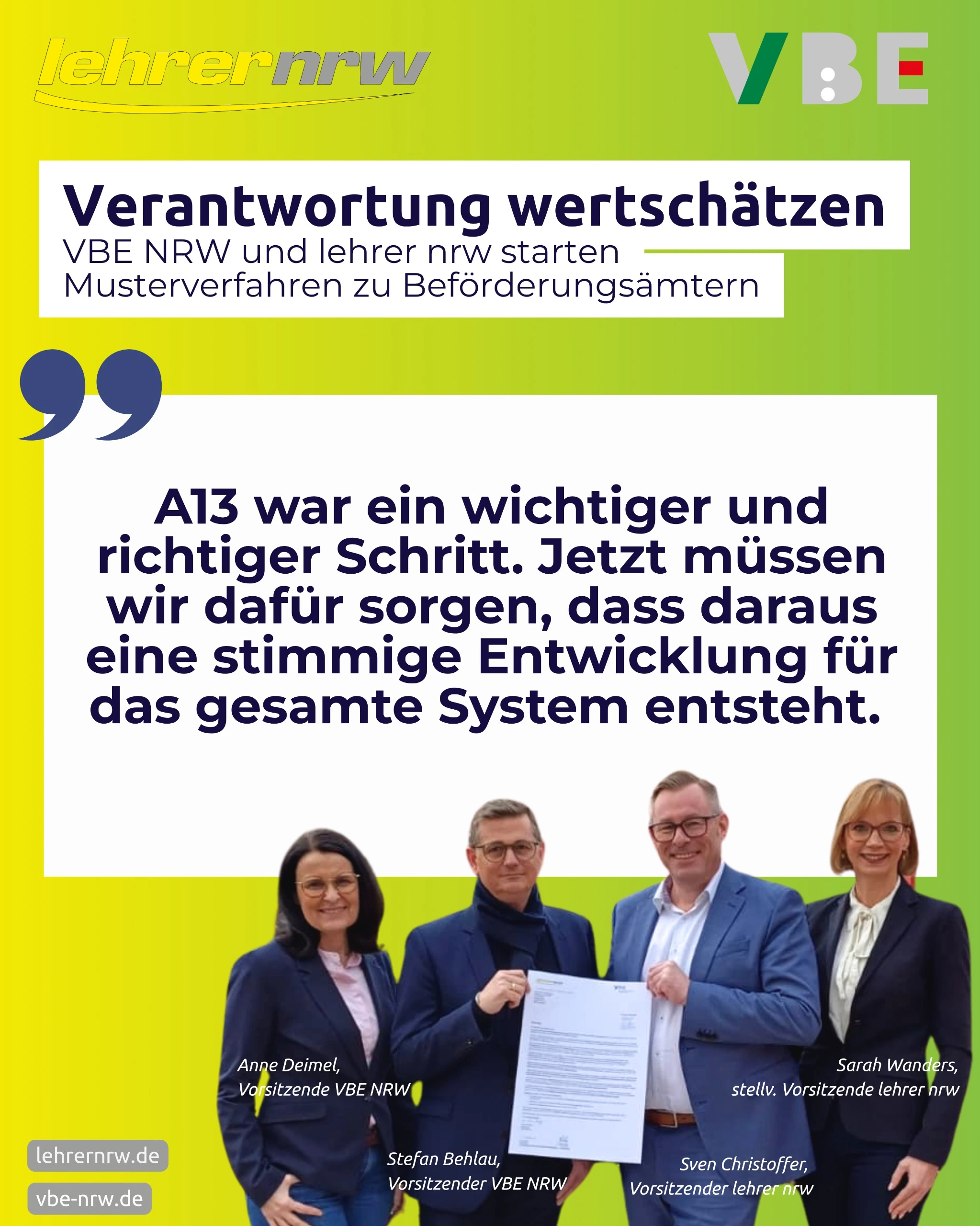 VBE NRW und lehrer nrw starten Musterverfahren zu Beförderungsämtern: Verantwortung wertschätzen