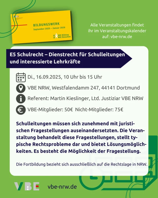 E5 Schulrecht - Dienstrecht für Schulleitungen und interessierte Lehrkräfte Dienstrecht
Juristische Fragen gehören längst zum Schulalltag. Ob Arbeitszeit, Fürsorgepflicht oder dienstliche Weisungen – sichere dir das nötige Know-how bei unserer Fortbildung von unserem leitenden VBE-Justiziar Martin Kieslinger! ⚖️
📅 Dienstag, 16. September
📍 Ort: VBE NRW, Westfalendamm 247, 44141 Dortmund
🕙 Zeit: 10–15 Uhr
👨⚖️ Referent: Martin Kieslinger (Ltd. Justiziar VBE NRW)
💶 VBE-Mitglieder: 50€, Nicht-Mitglieder: 75€
👉 Jetzt für die Veranstaltungen des VBE Bildungswerks anmelden: vbe-nrw.de
#vbe #nrw #bildungswerk #fortbildung #schulrecht #dienstrecht